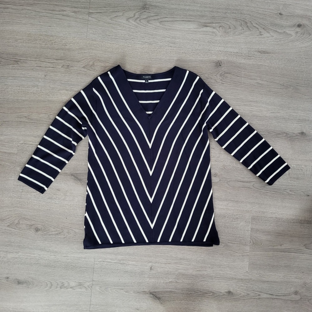Talbots Womens Navy Blue White Striped Chevron V-Neck Knit Sweater Preppy Size S - Picture 4 of 8